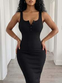 BamGleam Ladies' Solid Color Simple Daily Cami Dress Maxi Women Outfit Women Black Dress - Black - View 8