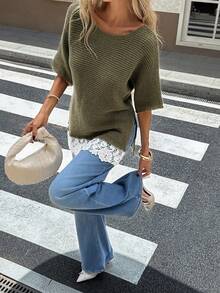 Serisse Women's Round Neck Short Sleeve Contrast Lace Hem Knit Top - Army Green - View 5
