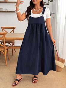 Enliva Plus Size Women's Solid Color Pleated Loose Fit Spaghetti Strap Dress - Navy Blue - View 7