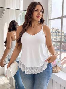 Reflora Plus Size Solid Color Minimalist Casual Lace Patchwork Camisole 2-Piece Set - Black and White - View 8