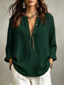 Linhara CURVE Plus Size Woven Casual Office-Style Autumn Shirt Fall - Dark Green - View 4