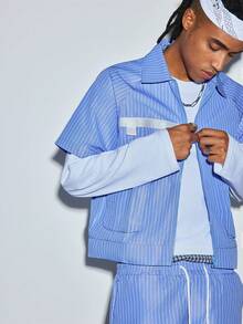 Modcrash Mens Summer Striped Outfit Set, Lightweight Short Sleeve Shirt And Elastic Waist Cargo Shorts - Blue - View 1
