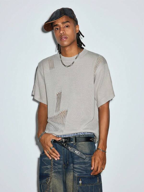 Modcrash Suéter de punto de cuello redondo, unicolor, holgado y casual, para primavera/verano, unisex