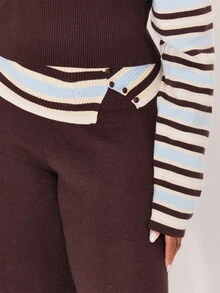 MUSERA 多色條紋翻折腰帶長褲 冬季日常休閒外出款 Weekdaze - 彩色 - 查看 5