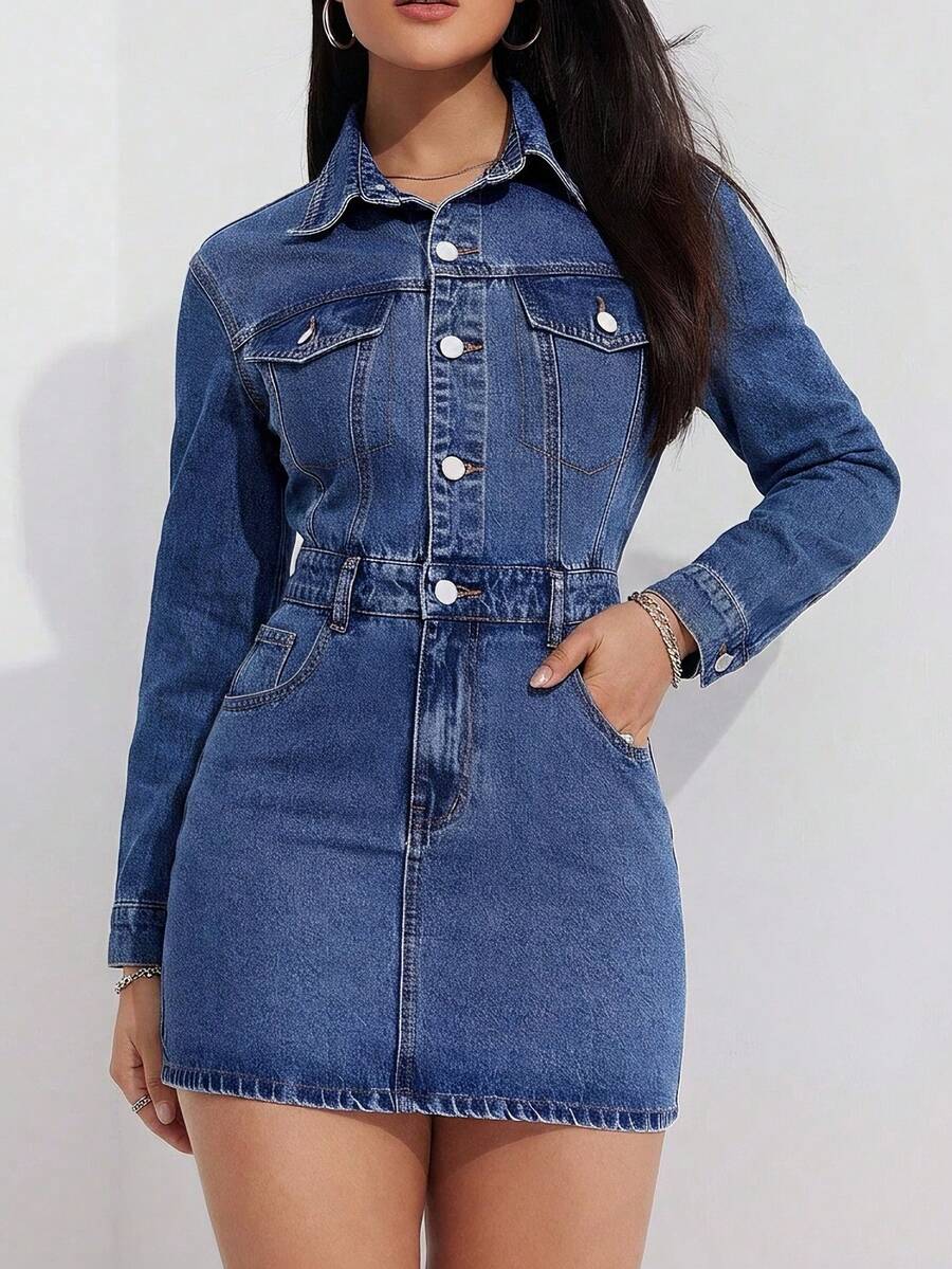 Flexra Women's Spring/Autumn Fashion Vintage Long Sleeve Denim Dress