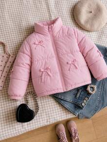 Young Girls Winter Sweet Style Beige Stand Collar Corduroy Padded Coat With Contrast Lining And Button Closure, Thickened Padded Coat - Baby Pink - View 2