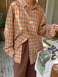 DAZY Women's Fall Casual Plaid Loose Jacket Work Everyday School Going Out Brown Plaid Thanksgiving - Orange - View 8