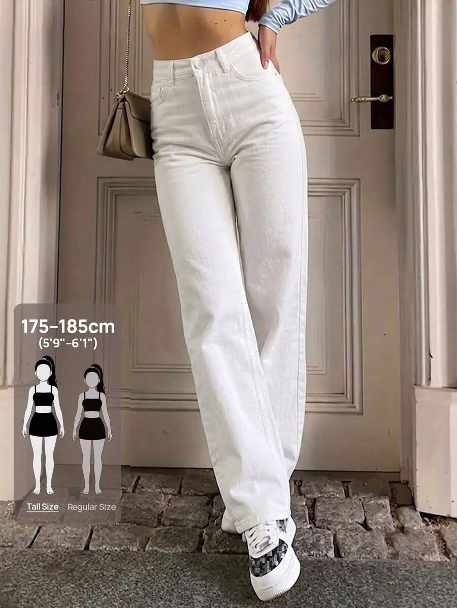 SHEIN Tall 女款休閒日常牛仔褲,附口袋與鈕扣設計 - 白色 - 查看 1