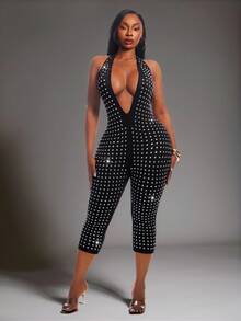 SHEIN SXY Plus Size Women's Rhinestone Halter Neck Sexy Casual Jumpsuit - Black - View 8