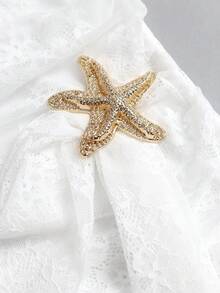 Sweetra Fashion Lace Starfish Metal Buckle Decor Ruched Bodycon Mini Dress, Vacation Beach Style, Suitable For Vacation And Party Wear - White - View 4