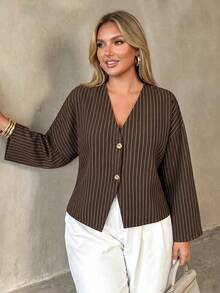 Auralis Brown Button-Down Long Sleeve Metal Button Decor Plus Size Fall Shirt/All-Season Striped Vintage Casual Smart Top Elegant Office Working Blouse Women - Brown - View 3