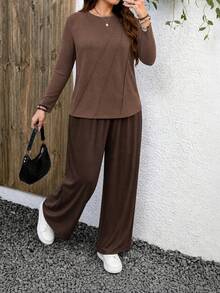 Lacomfia Autumn/Winter Elegant Round Neck Pullover Knit Textured Striped Plus Size Women's Long Sleeve T-Shirt - Brown - View 6