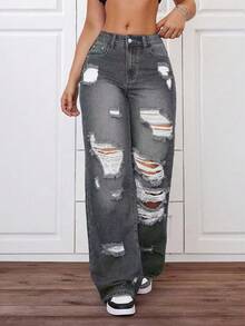 SHEIN ICON 大尺碼女款夏季前衛街頭風破洞直筒牛仔褲 - 深灰色 - 查看 5