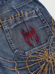 ROMWE Grunge Punk 夏季復古中性街頭龐克蜘蛛網刺繡寬鬆寬腿女款牛仔中長褲 - 藍色 - 查看 3