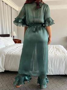 Dazy Plus Solid Color Chiffon Crinkled Long Robe & Pants 2-Piece Set, Green Loungewear Pajama Set For Spring, Summer, Autumn - Dark Green - View 3