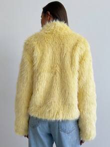 Aloruh Women's Autumn/Winter Fitted Long Sleeve Faux Fur Jacket With Small Stand Collar And Button Closure, Light Yellow - Light Yellow - View 2