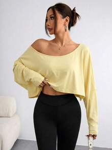 Elenzga 大尺碼女款不對稱領長袖短版休閒T恤，純色，秋季 - 淡黃色 - 查看 3