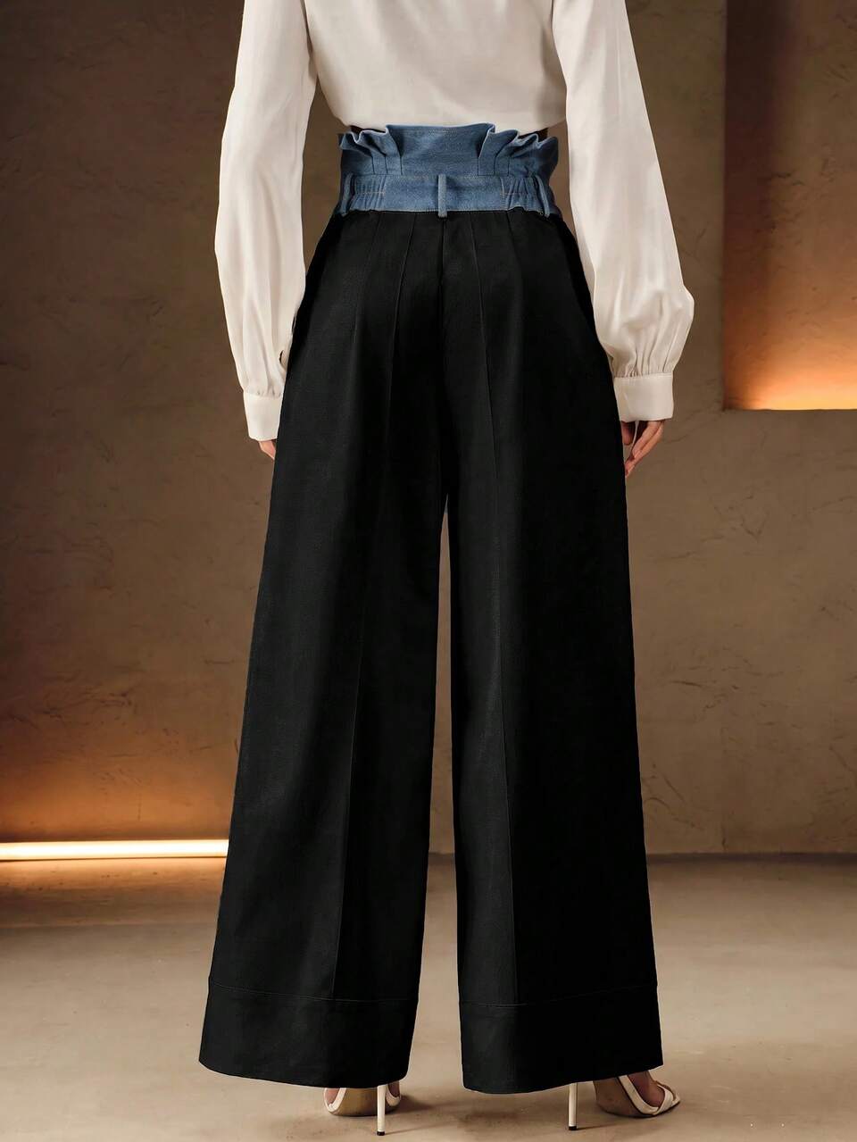 Spring/Summer Blue & Black Patchwork High Waist Ruffle Hem Women's Denim Jeans For Office, Commute And Casual Wear