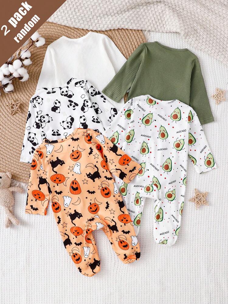 [2pcs Random Selection]Newborn Long Sleeve Footed Romper Knit Comfortable Soft Traceable Cotton Cute Ribbed Ribbed Pumpkin Avocado Panda Print Pattern Loungewear, Best Gift For Newborns, Home Wear, Versatile Fashion, Best Choice - Multicolor - View 2