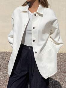 Livesso Tall Women's Loose Fit Open Front Lapel White Denim Jacket, Vacation Style Fall - White - View 3