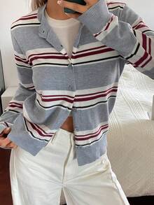 DAZY Cardigan Rajut Lengan Panjang Wanita Model Longgar Bergaris Vintage, Kerah Bulat, Kancing Tunggal, Serbaguna, dan Melangsingkan untuk Musim Gugur - Grey - View 1