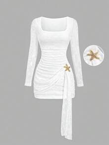Sweetra Fashion Lace Starfish Metal Buckle Decor Ruched Bodycon Mini Dress, Vacation Beach Style, Suitable For Vacation And Party Wear - White - View 3