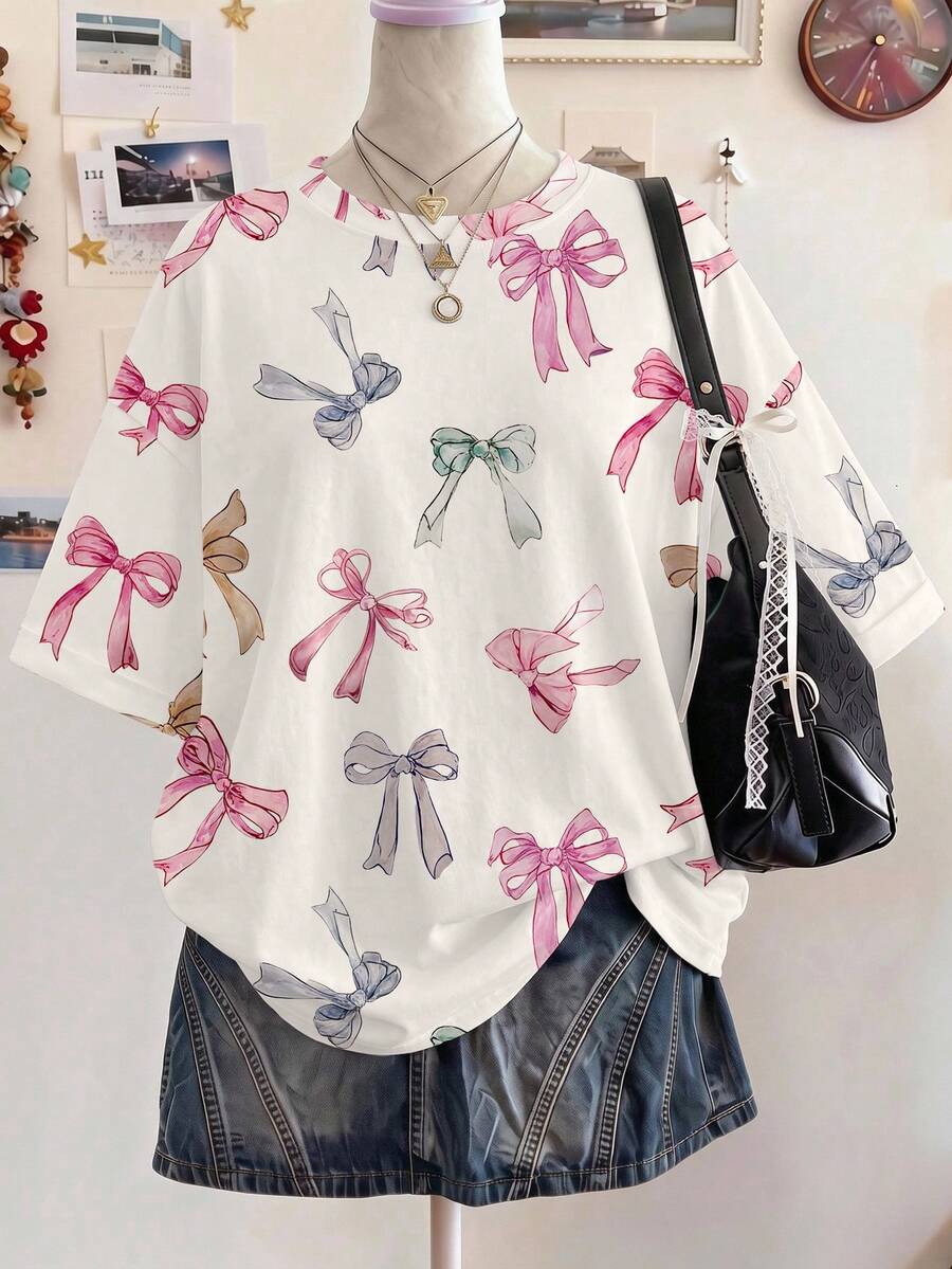 SHEIN Leap Crew 少女休闲宽松蝴蝶结印花针织T恤,适合夏季穿着 - 彩色 - 查看 1