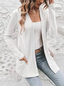 EMERY ROSE Cardigan de punto acanalado casual para mujer con ajuste regular & frente abierto en otoño/invierno - Blanco - Ver 5