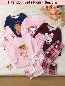 女童可愛動物印花長袖長褲睡衣套裝居家服 - 彩色 - 查看 5