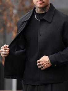 Manfinity CasualCool Men's Black Lapel Raglan Sleeve Single-Breasted Casual Minimalist Overcoat - Black - View 7