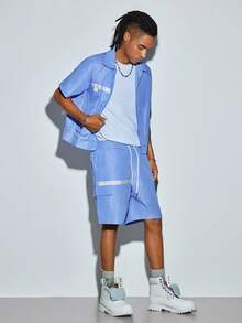 Modcrash Mens Summer Striped Outfit Set, Lightweight Short Sleeve Shirt And Elastic Waist Cargo Shorts - Blue - View 4