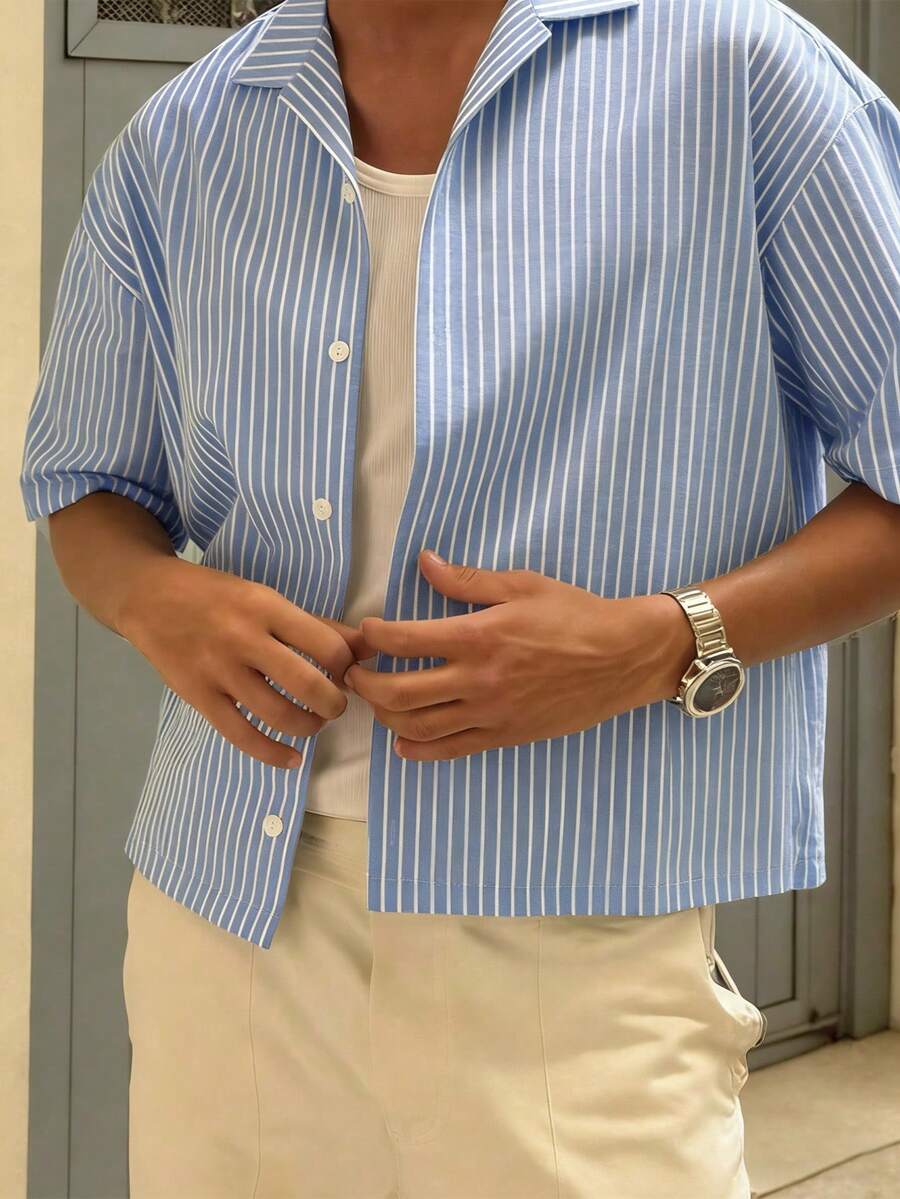 Resyla Men Men's Striped Minimalist Casual Long Sleeve Shirt - Blue - View 1