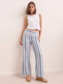 Nöista Striped Flared Pants With Stretch Waist And Relaxed Fit, Elegant Fall Casual Trousers, Back To School, Office, Going Out - Blue and White - View 6