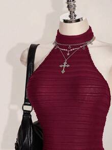 SHEIN ICON 女款黑色掛脖露背緊身貼身高領基礎休閒連身褲 - 酒紅色 - 查看 4