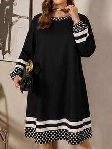 Comfylo Gaun Longgar Lengan Panjang Sedang Motif Hitam Ukuran Plus untuk Kantor, Formal, Malam Hari, Musim Gugur, Elegan - Hitam - View 1