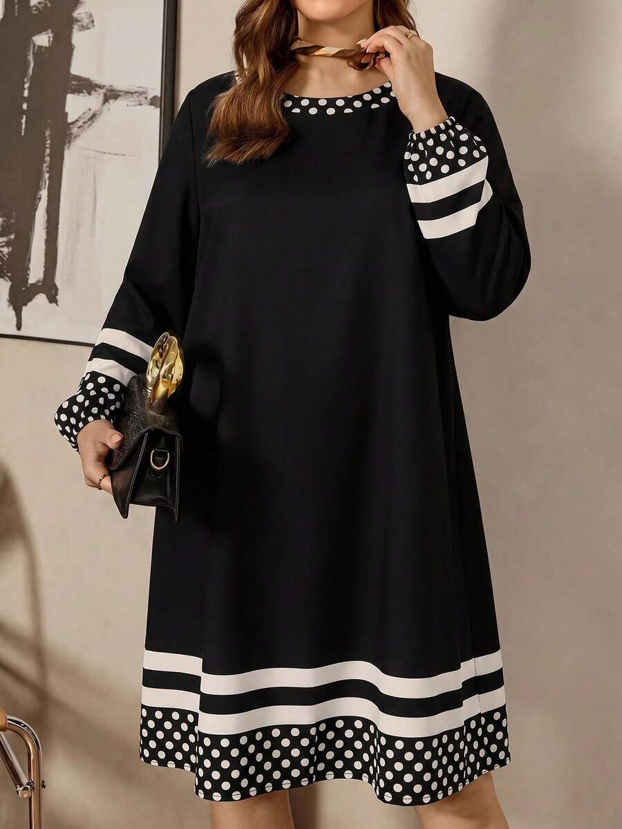 Comfylo Gaun Longgar Lengan Panjang Sedang Motif Hitam Ukuran Plus untuk Kantor, Formal, Malam Hari, Musim Gugur, Elegan - Hitam - View 1