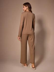 Lazeform Women's Vintage Textured Lapel Long Sleeve Wide Leg Drape Elastic Loungewear Set - Coffee Brown - View 2