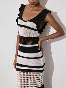 Maija Women's Colorblock Striped Hollow Knit Dress - Black and White - View 4