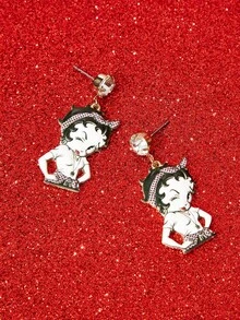 Betty Boop x SHEIN A Pair Of New Creative Cartoon Pattern Printed Diamond Stud Earrings, Cute Casual, Suitable For All Kinds Of Parties, Concerts, Festivals, Exquisite G - Gold - View 3