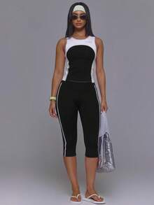 Musera Sport 圓領拼接配色側條紋運動Logo背心吊帶上衣，僅上衣，運動健身可愛復古Y2K風，適合健身房、皮拉提斯、跑步與日常穿著 - 黑與白 - 查看 5