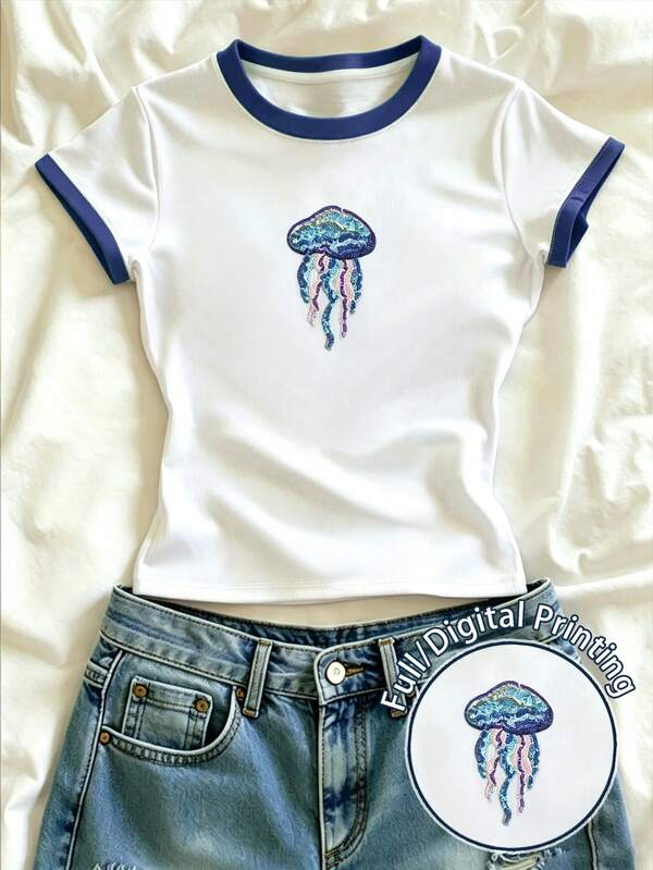 SHEIN Plus Size Women's Jellyfish Print Crew Neck Short Sleeve Casual T-Shirt
