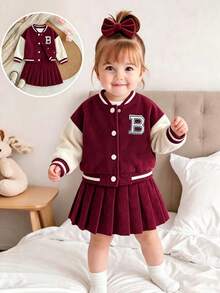 Genkimix Kids 2pcs Baby Girl Letter Print Color Block Baseball Jacket Pleated Mini Skirt Set Cute Kawaii Family Matching Gym Burgundy Autumn - Burgundy - View 2