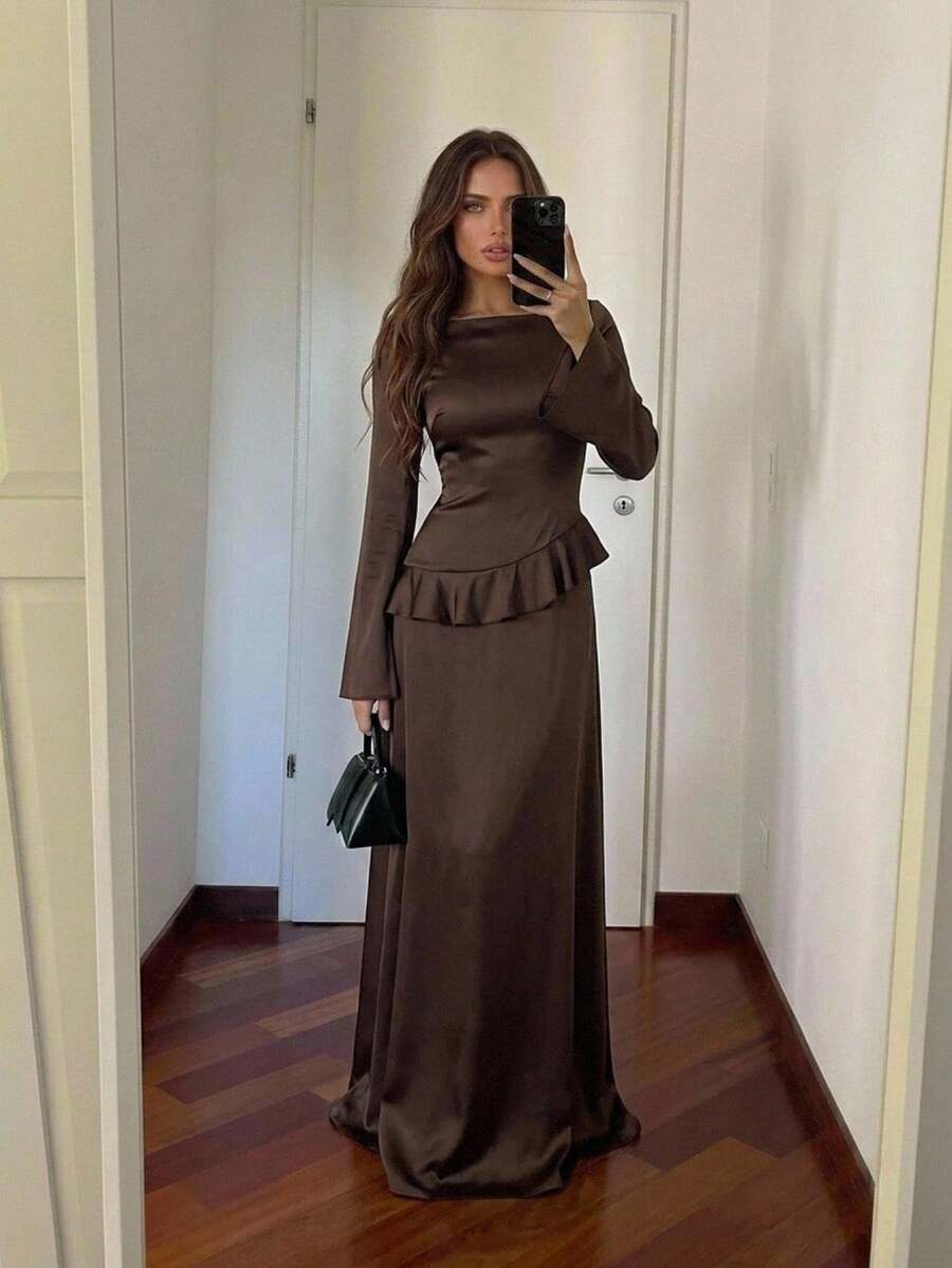Aloruh Women's Elegant Square Neck Flare Sleeve Ruffle Cinched Waist Back A-Line Beige Dress - Brown - View 1