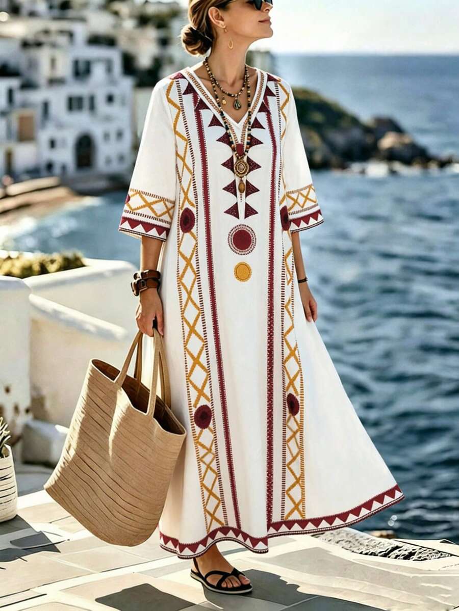 Selamara Women's Geometric Pattern V-Neck 3/4 Sleeve Loose Casual Long Dress - Multicolor - View 1