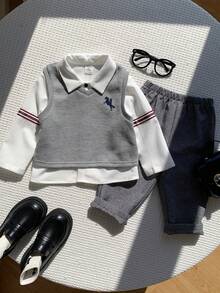 3pcs/Set Baby Boy Autumn/Winter Preppy Casual Vest Shirt Pants Set, 3 Pieces Outfit, Infant Outfit, Jacket Set, Shirt Set - Multicolor - View 7