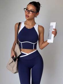 SHEIN Dewbera 1 Set Navy Blue White Contrast Seamed Racerback Sports Set, Slim Fit, Suitable For Yoga, Fitness, Workout, Summer - Navy Blue - View 6