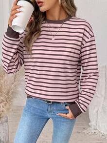 SHEIN LUNE 休閒極簡風粉色與棕色條紋印花女款運動衫 - 白色 - 查看 4