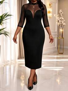 SHEIN Lady Vestido de fiesta, cóctel y noche formal elegante y sexy con patchwork de malla, cintura ceñida y curvas para mujer de talla grande, negro, otoño - Negro - Ver 5