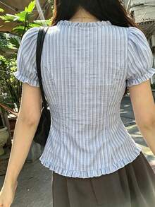 DAZY 女款荷葉邊條紋無袖上衣，清新甜美夏季風格 - 淺藍色 - 查看 7