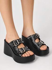 Sugerpunk Women's Fashion Platform Sandals, Dark Punk Style Heavy Industry Rivet Gas Eye Design Thick-Soled Wedge Sandals, Adjustable Elastic Design Subculture - Jazz Black - View 2